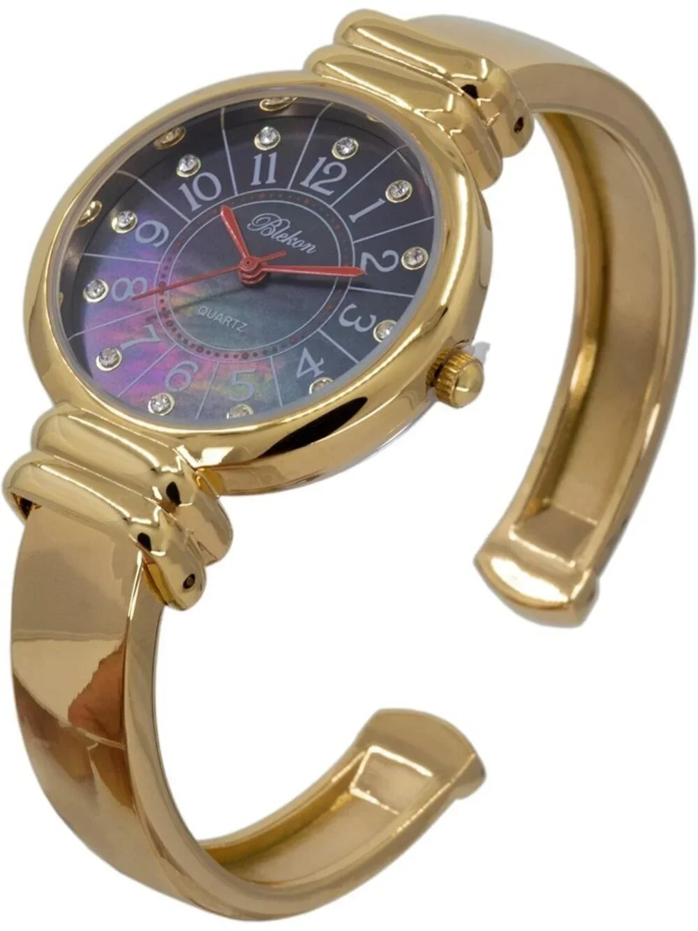 Women's Gold And Red Hands Analog Quartz Metal hinged Pearl Cuff Bracelet Watch